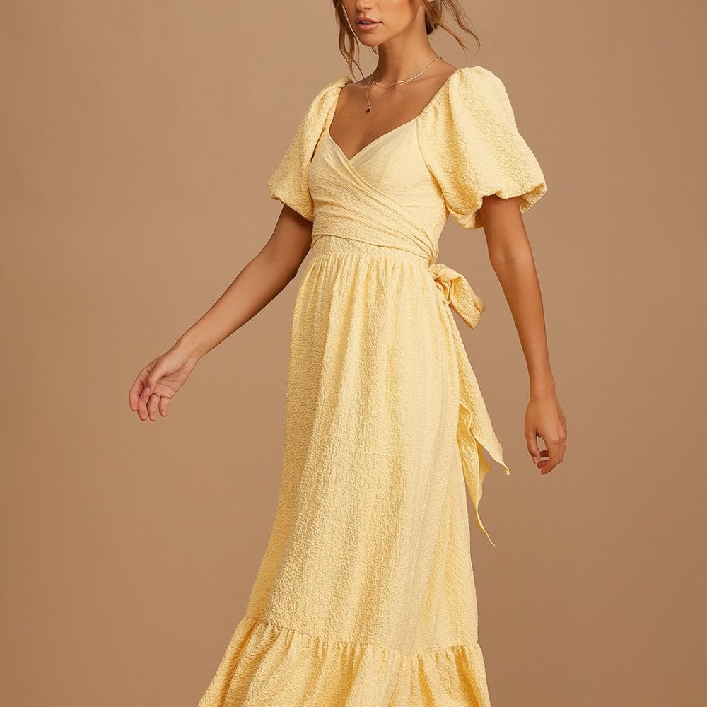 Lulus Sun Type Of Love Yellow Puff Sleeve Wrap Front Maxi Dress